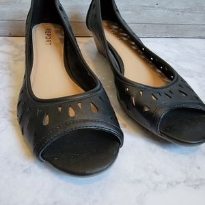 Report Black Faux Leather Perforated Wedge Heels